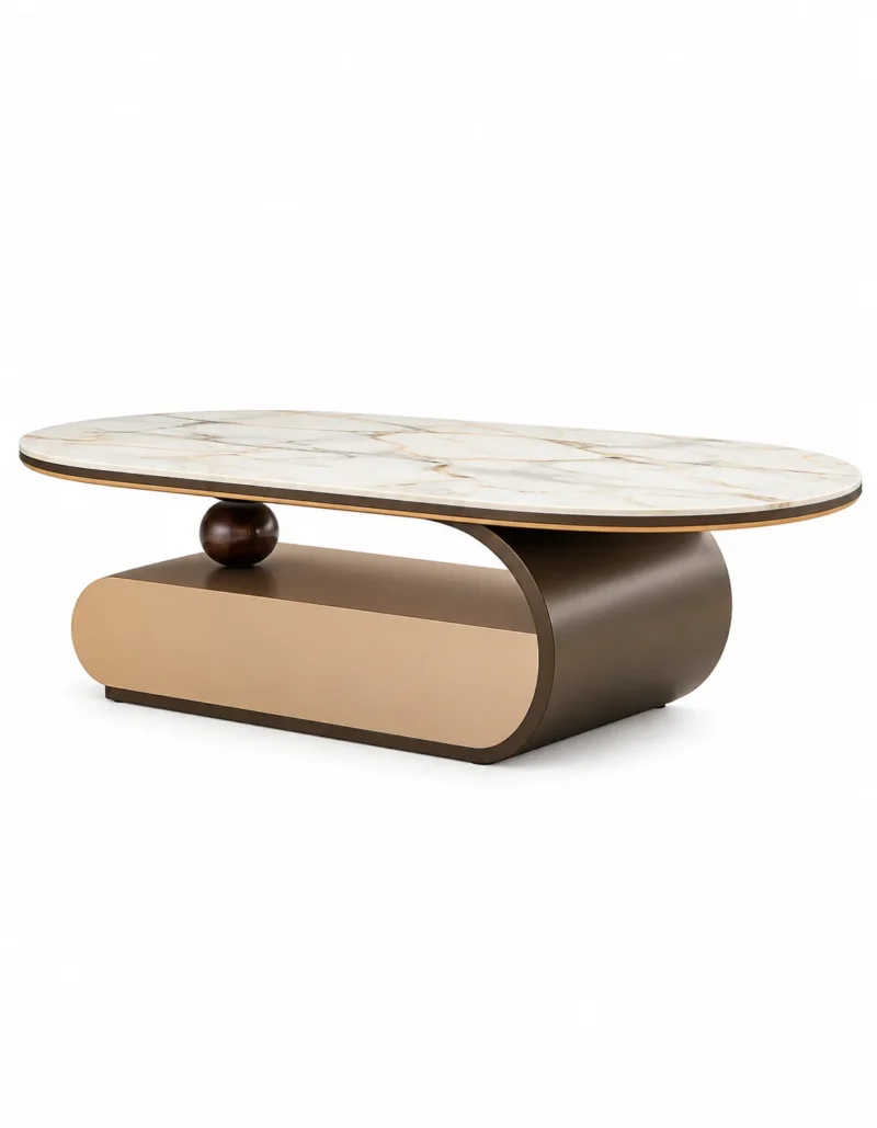 Elvoro luxury oval marble centre table with white veined top, curved bronze stainless steel base and spherical support on white background.