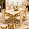 Elyra 6 seater marble dining table with geometric gold chairs