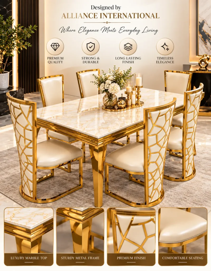 Elyra 6 seater marble dining table with geometric gold chairs