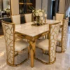 Luxury marble dining table with six geometric gold chairs