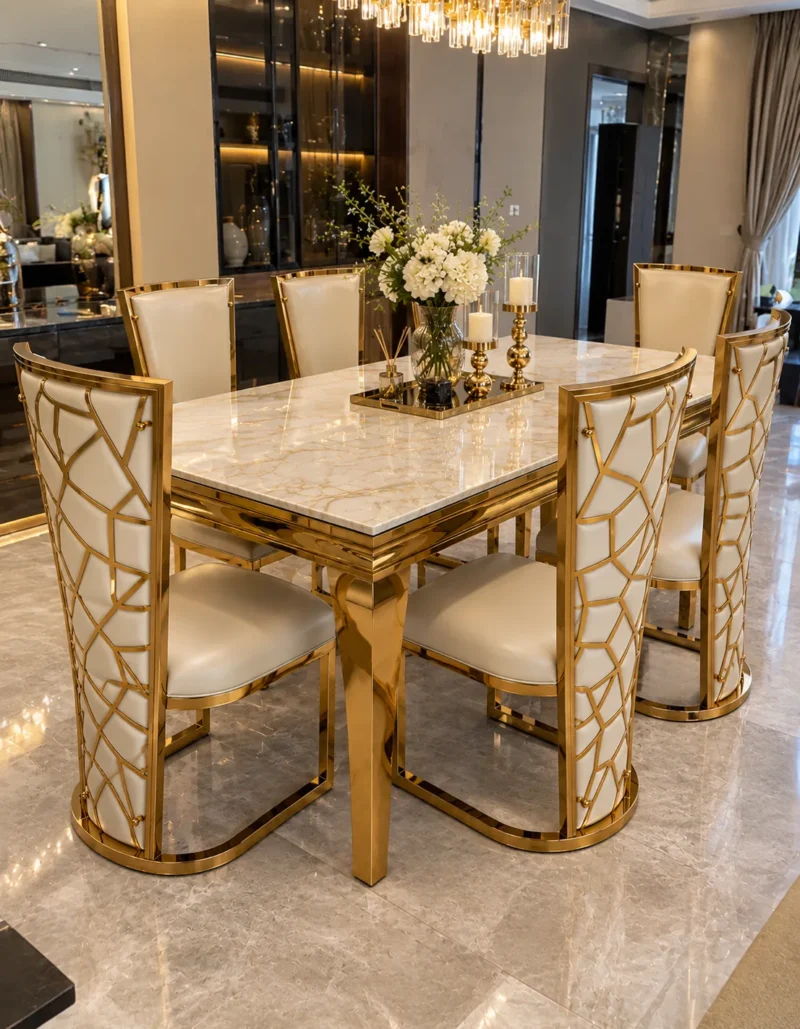 Luxury marble dining table with six geometric gold chairs