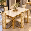 6 seater marble dining table set with gold stainless steel chairs