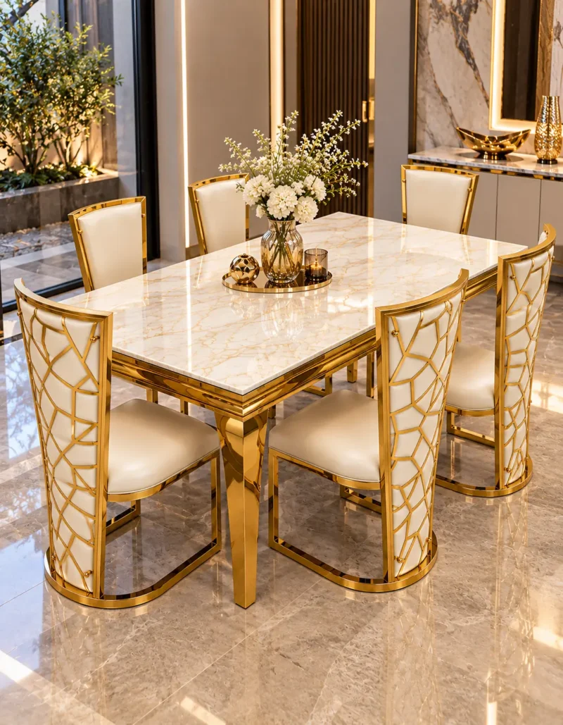 6 seater marble dining table set with gold stainless steel chairs