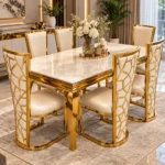Modern gold and marble dining table with geometric chairs