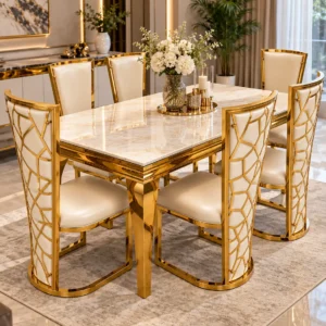 Modern gold and marble dining table with geometric chairs