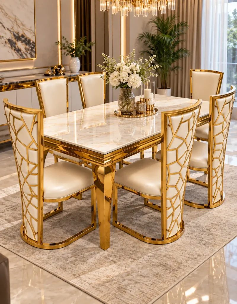 Modern gold and marble dining table with geometric chairs