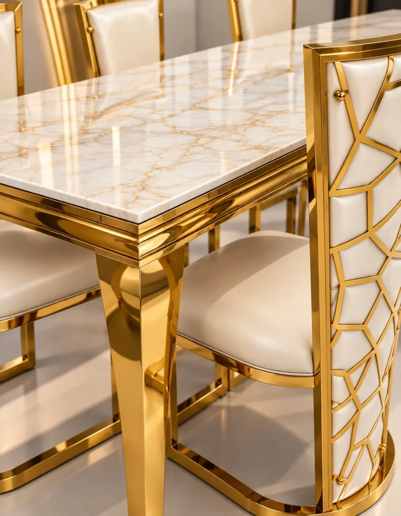 Close up of marble dining table and geometric gold chair
