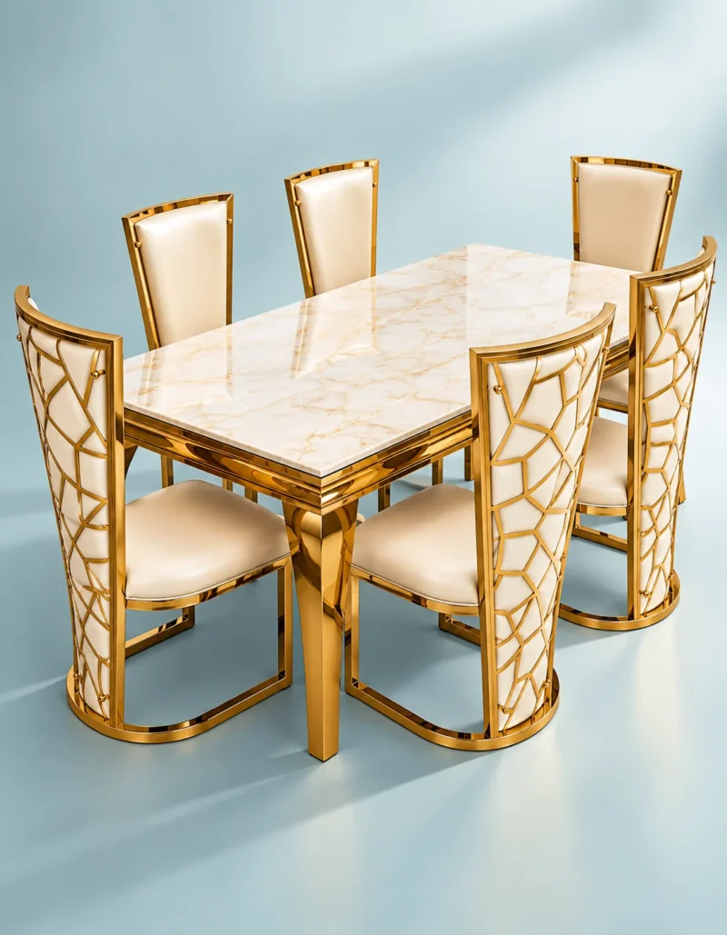Designer 6 seater marble dining table with gold geometric chairs