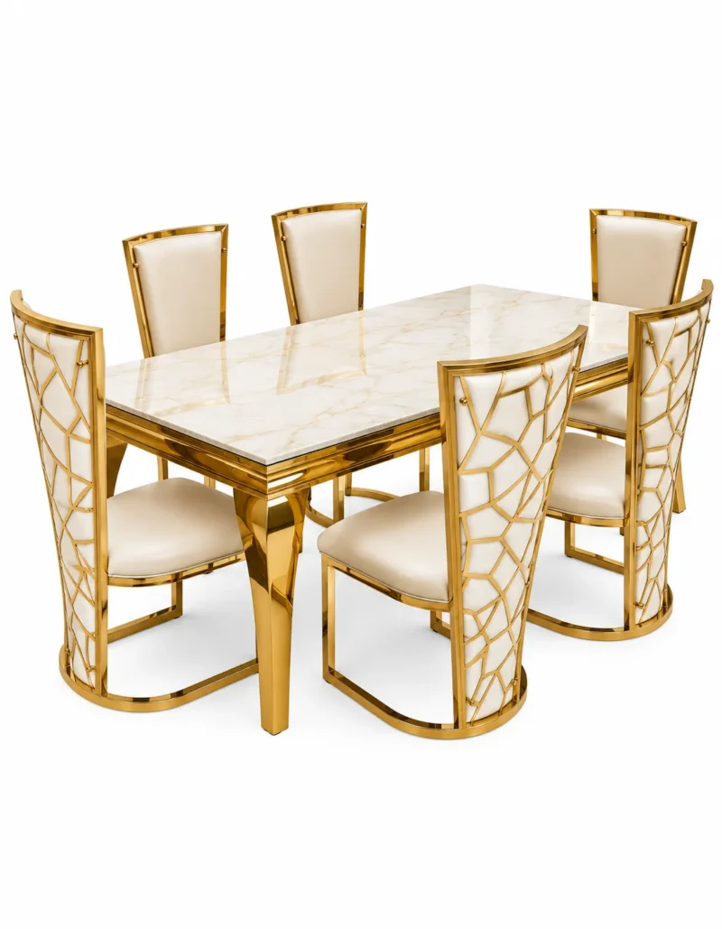 Elyra marble dining table with six gold chairs on white background