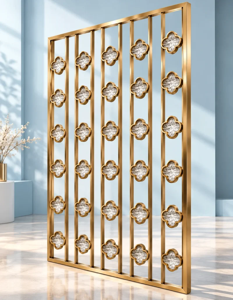 Gold PVD premix glas room divider with repeating floral quatrefoil pattern