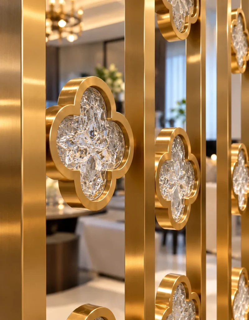 Close-up of textured premix glas quatrefoil motif in gold stainless steel partition