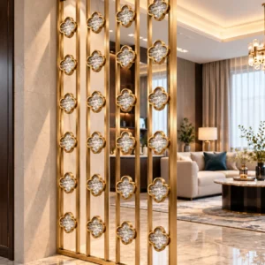 Quatrefoil premix glas partition installed beside a modern luxury living room