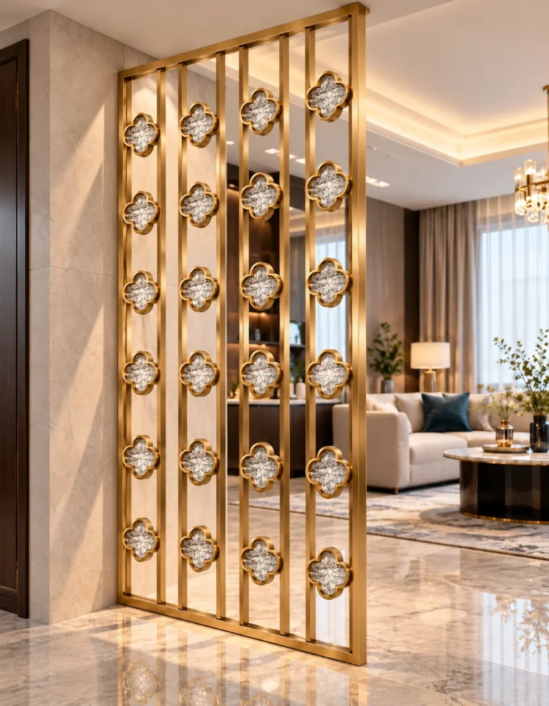 Quatrefoil premix glas partition installed beside a modern luxury living room