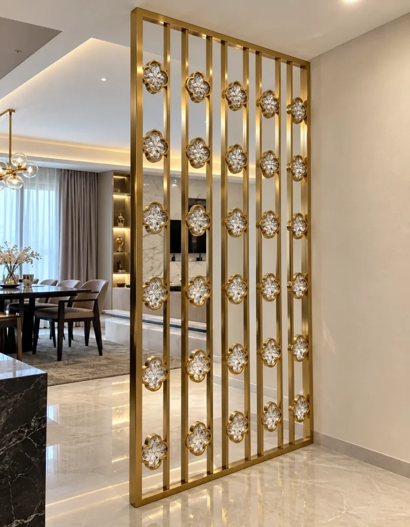 Gold stainless steel premix glas partition separating modern living and dining spaces