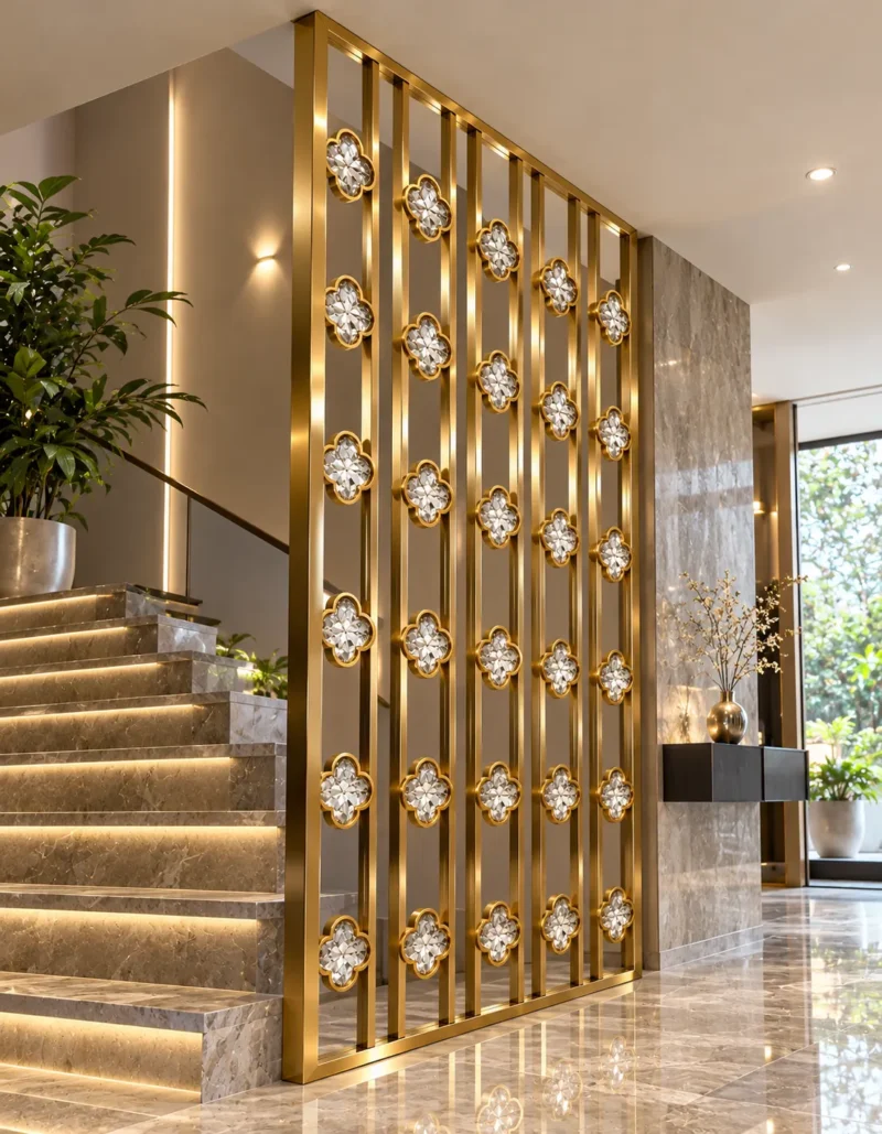 Decorative gold PVD premix glas partition beside luxury staircase