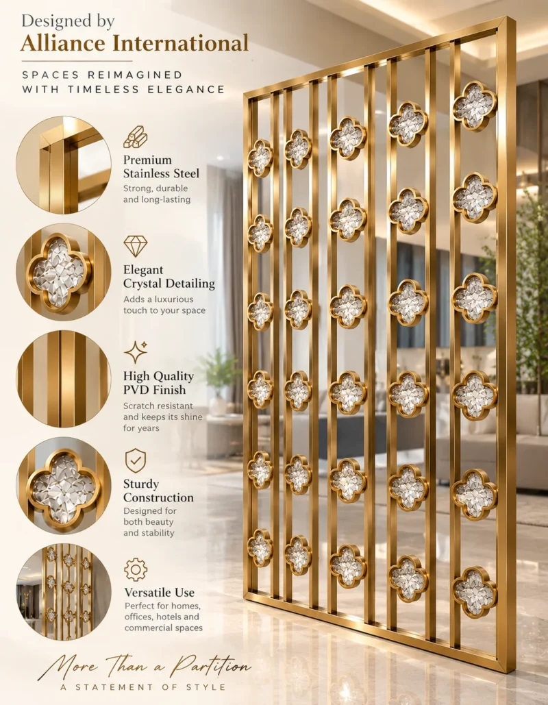 Quatrella Luxe premix glas partition feature graphic with gold PVD stainless steel details
