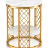 Gold lattice marble side table with a round white top and lower shelf on a white background