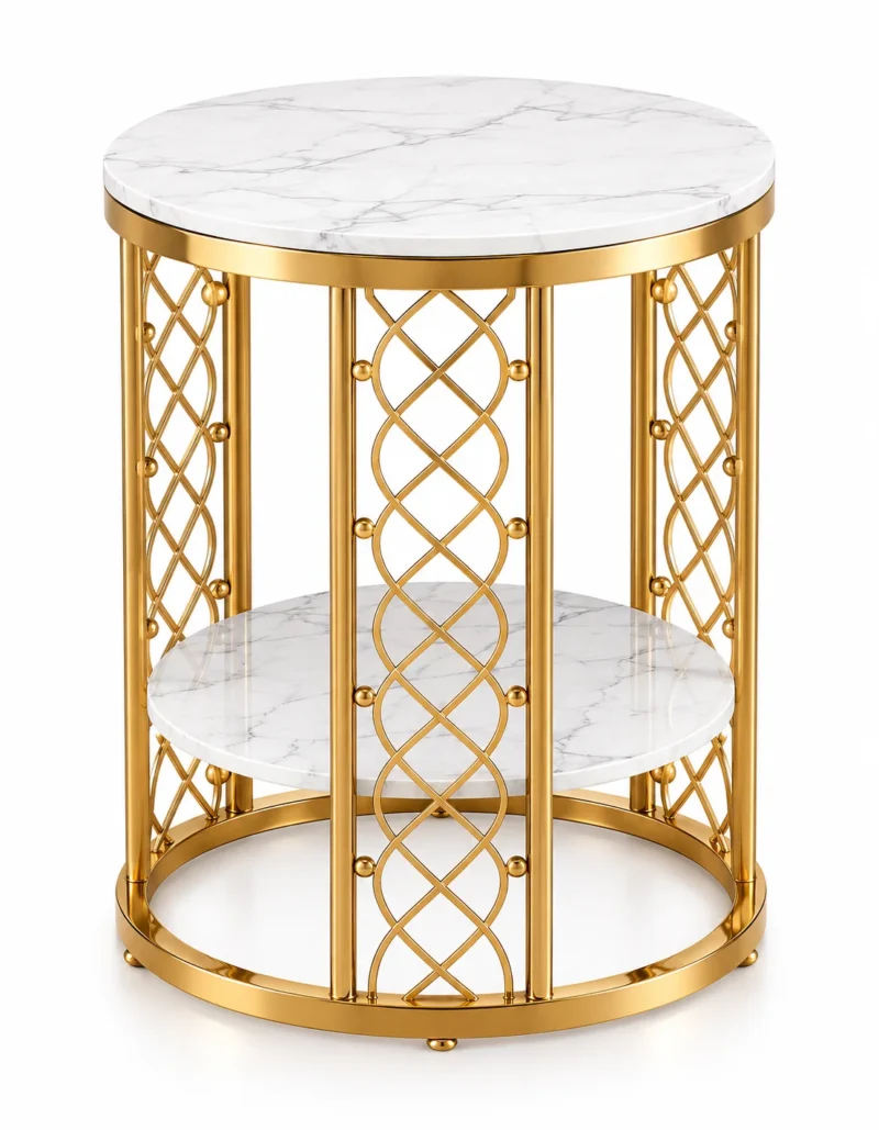 Gold lattice marble side table with a round white top and lower shelf on a white background