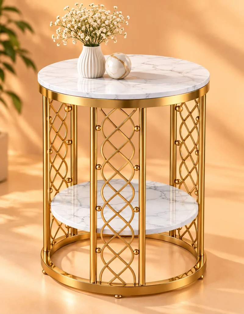 Round marble side table with gold steel lattice panels against a warm orange background