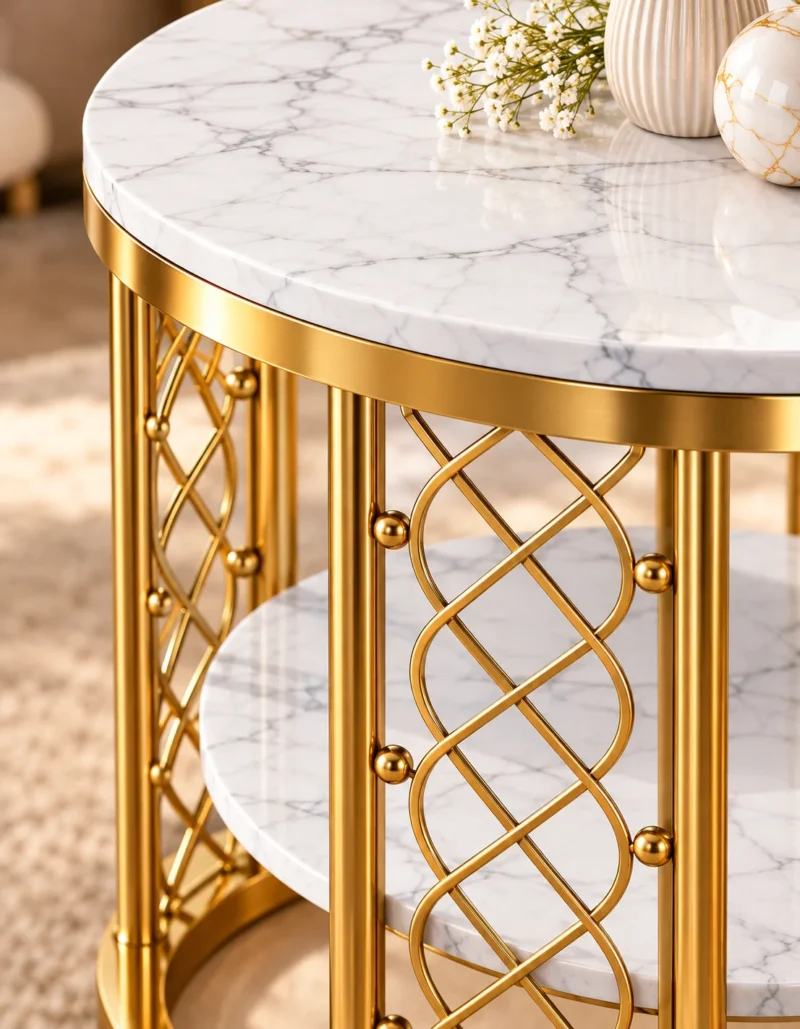 Close-up of white marble veining and gold steel lattice with spherical accents