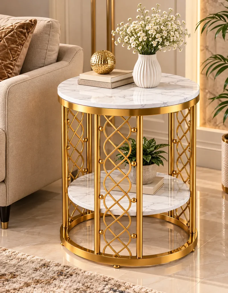 Gold marble accent table beside a beige sofa with a plant on its lower shelf