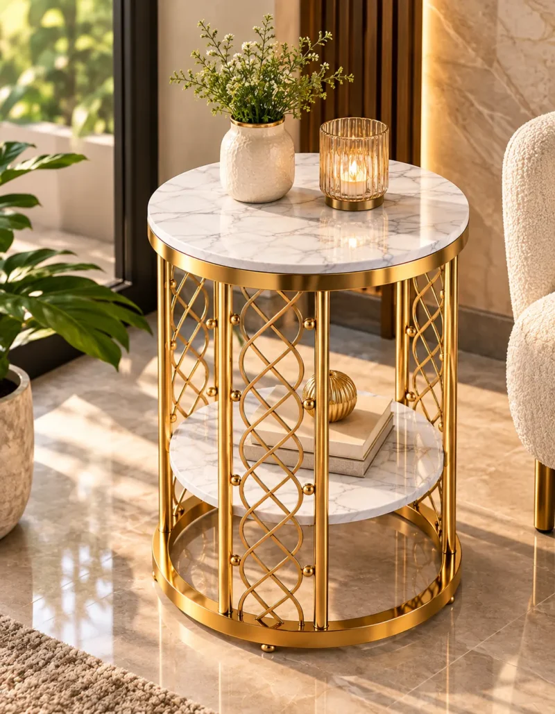 Gold lattice side table near a window with a flower vase and candle on the marble top
