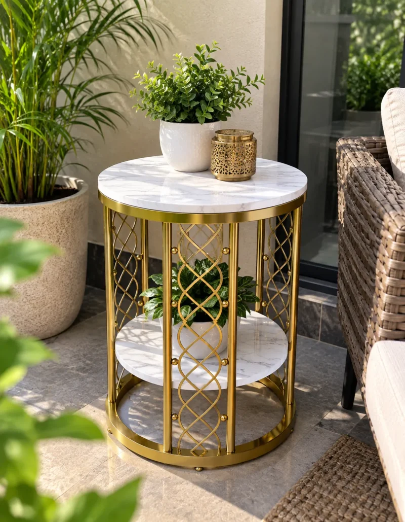 Two-tier gold marble side table beside a woven patio chair and surrounding greenery