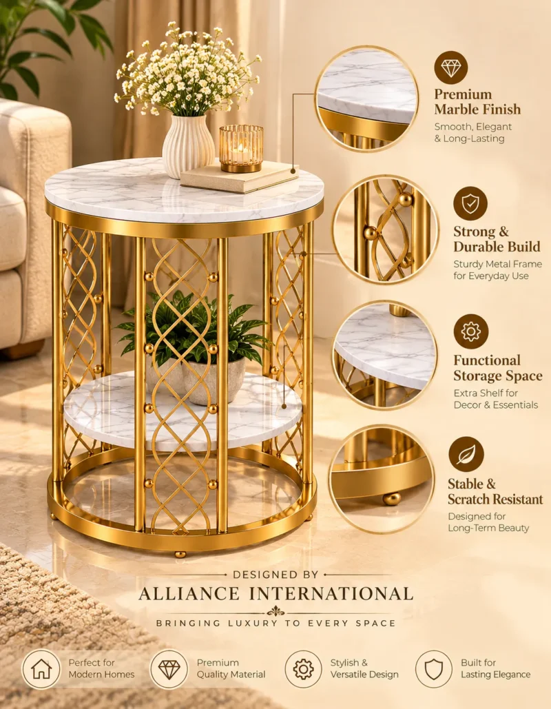 Alliance International marble side table feature graphic with gold lattice frame and lower shelf
