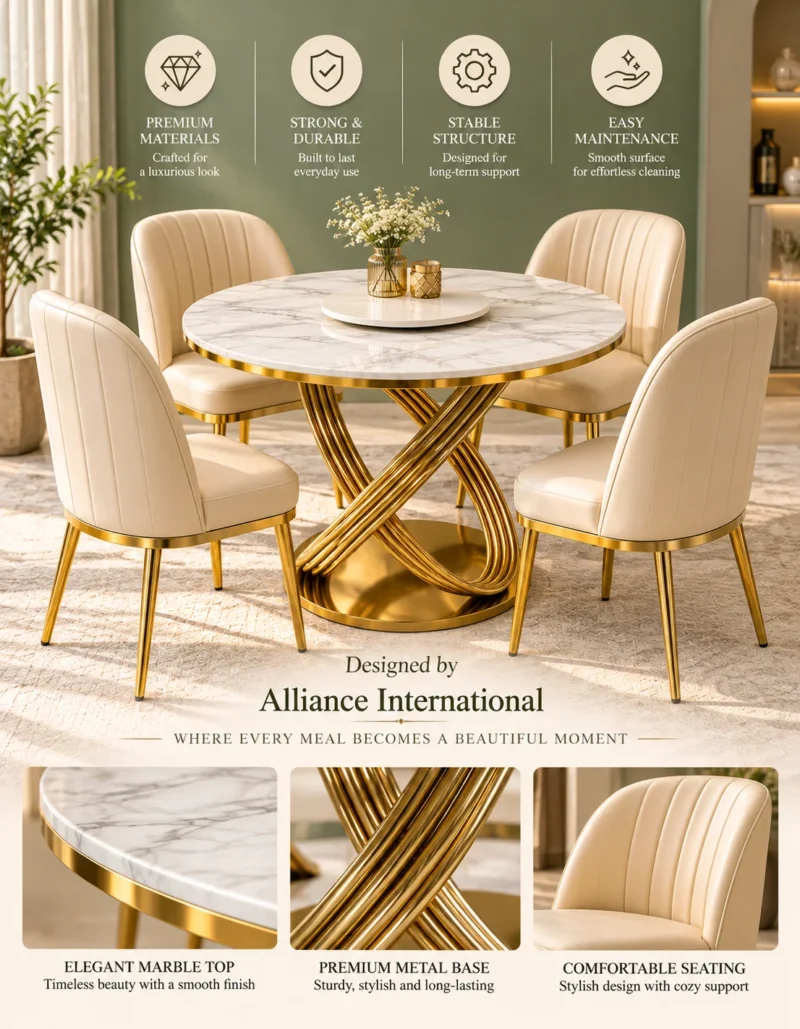 Heliora Luxe four seater marble dining set with gold loop base and cream chairs feature graphic