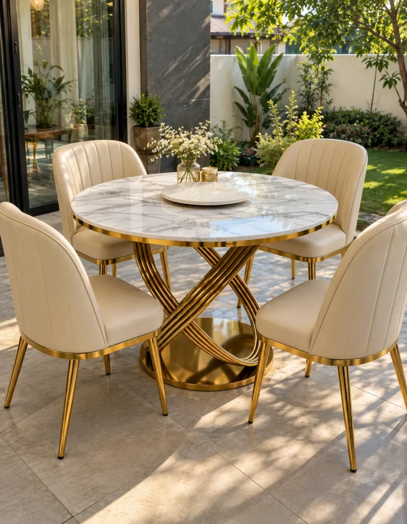 Four seater round marble dining table with cream upholstered chairs on a garden patio