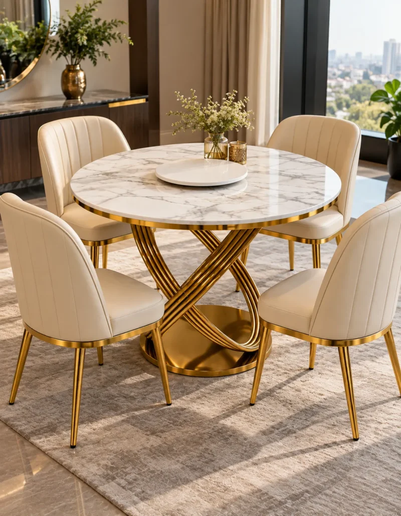 Luxury marble dining table set with four vertical stitched cream chairs and gold base