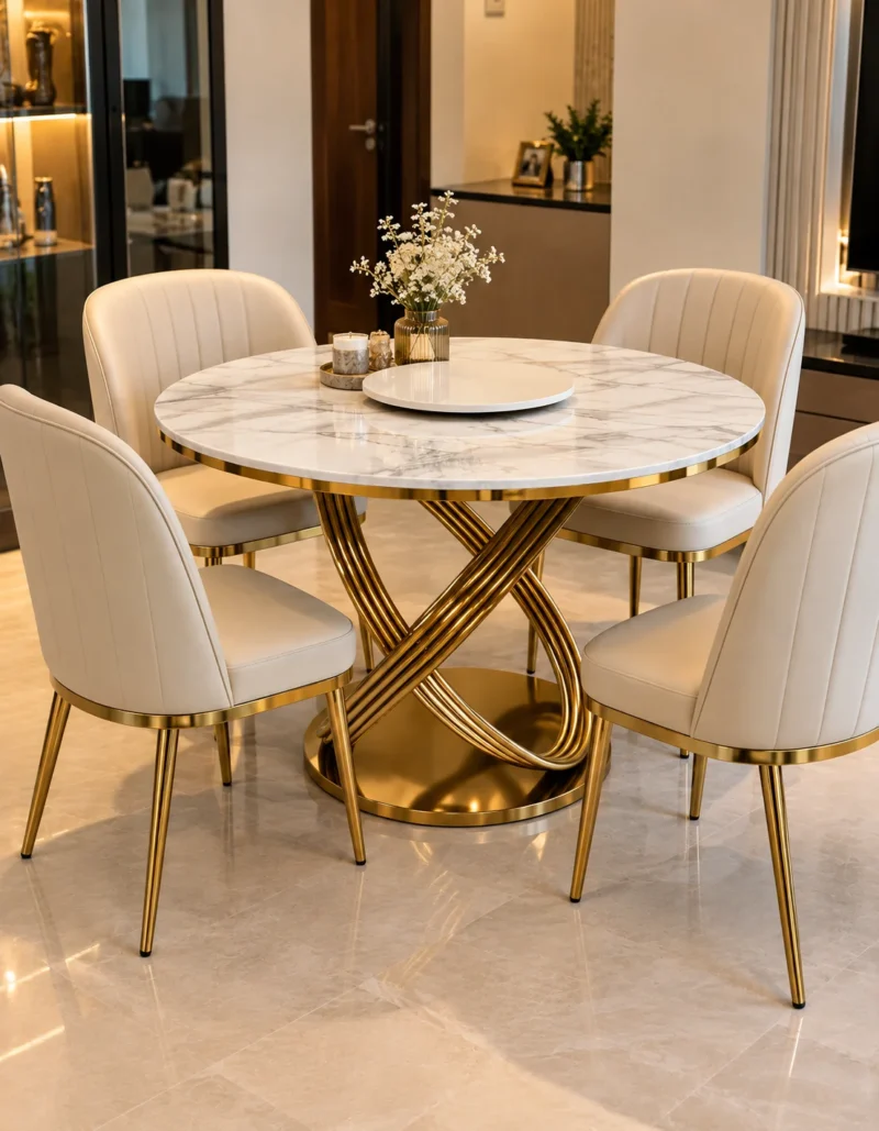 Modern 4 seater marble dining set with gold stainless steel loop pedestal in luxury home