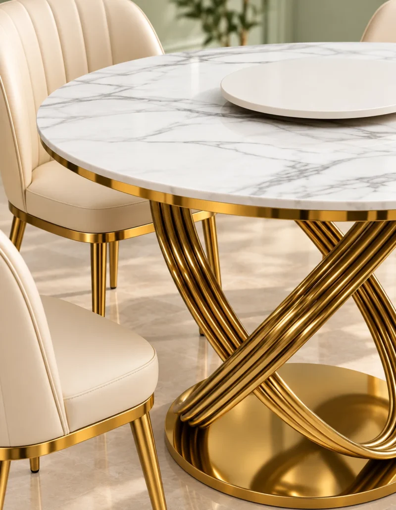 Close-up of white marble dining tabletop and gold ribbed loop base with cream chairs