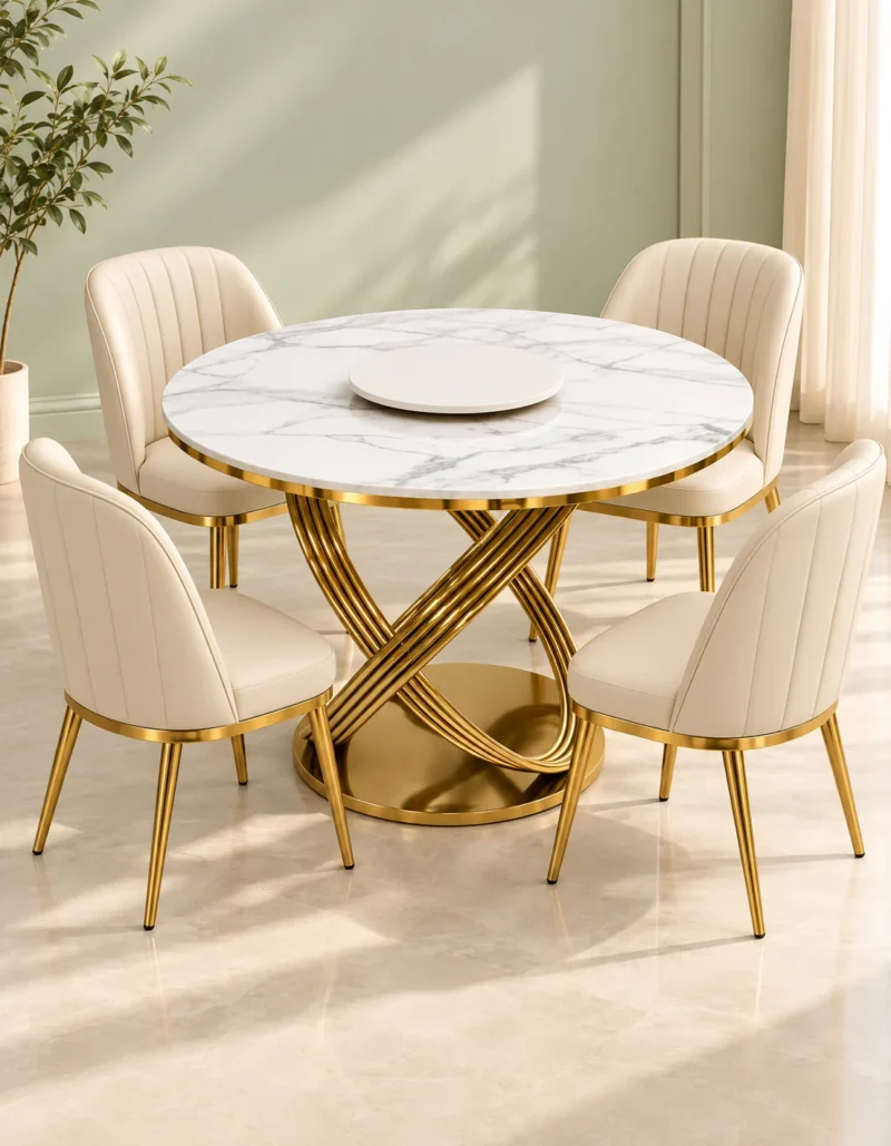 Heliora Luxe four seater white marble dining set with cream channel stitched chairs