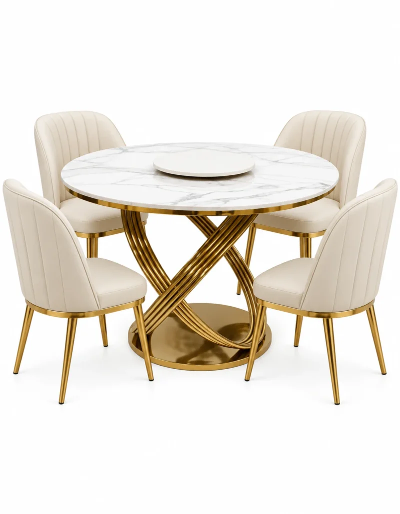 Heliora Luxe 4 seater marble dining table with chairs and gold loop base on white background