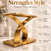 Helixa Luxe marble console table with gold X base and product feature highlights