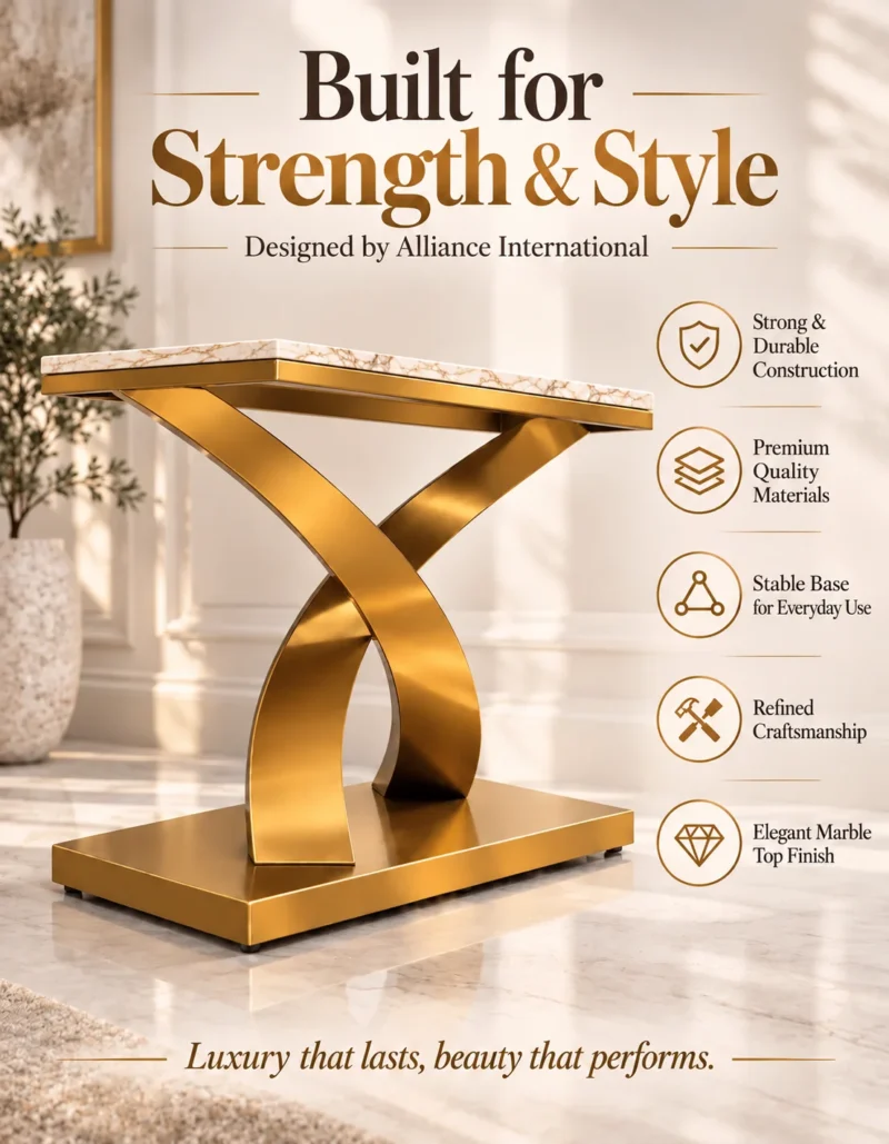 Helixa Luxe marble console table with gold X base and product feature highlights