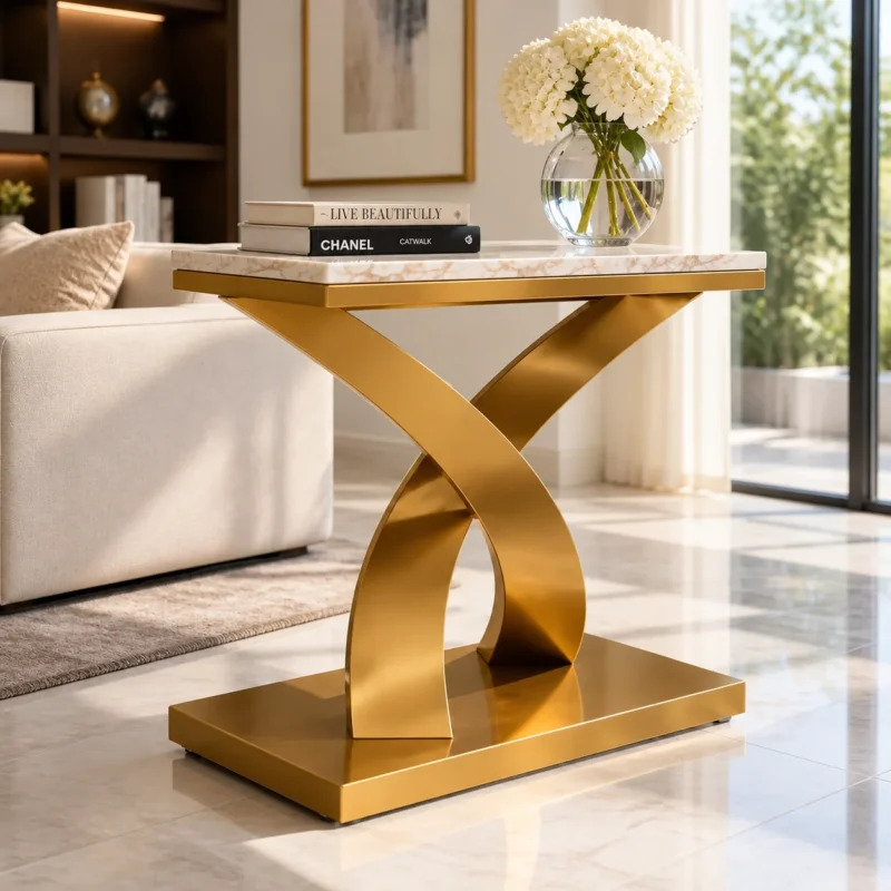 Gold X base marble console table beside cream sofa in modern living room