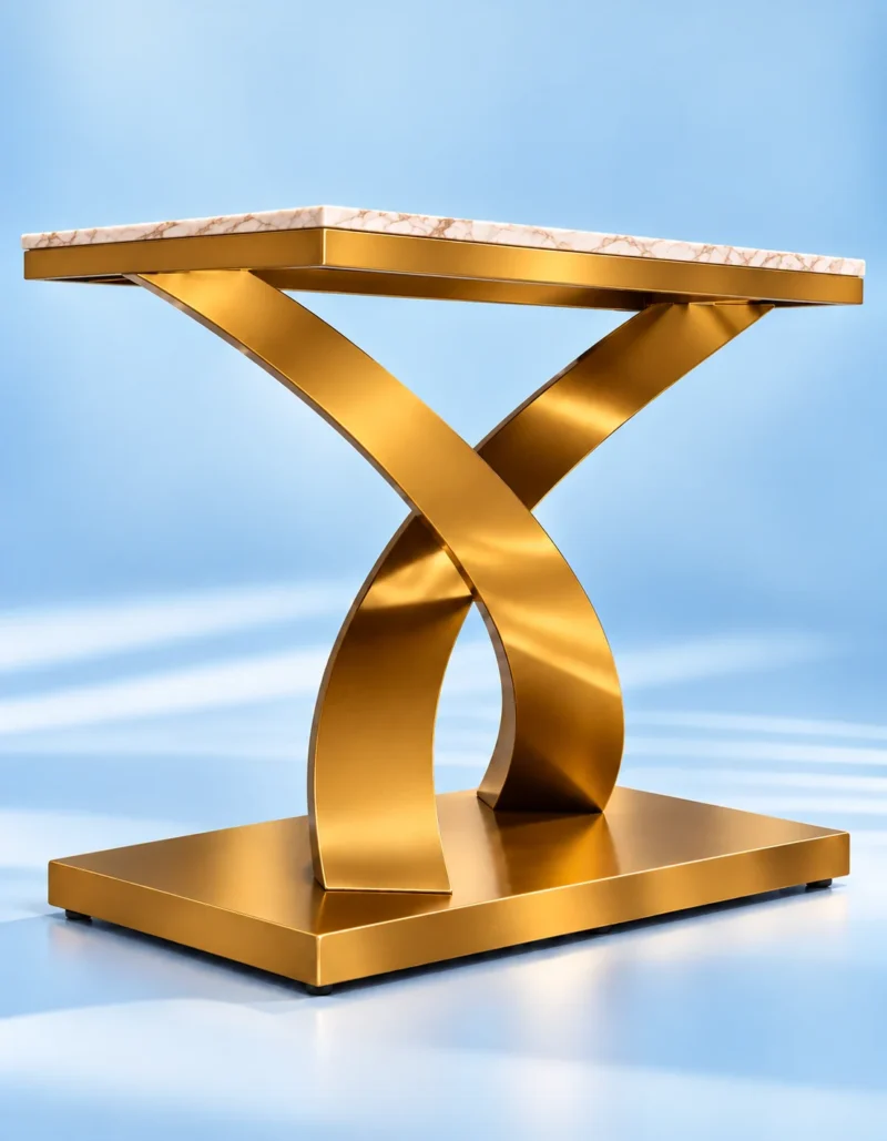 Angled view of white marble console table with intersecting gold metal base