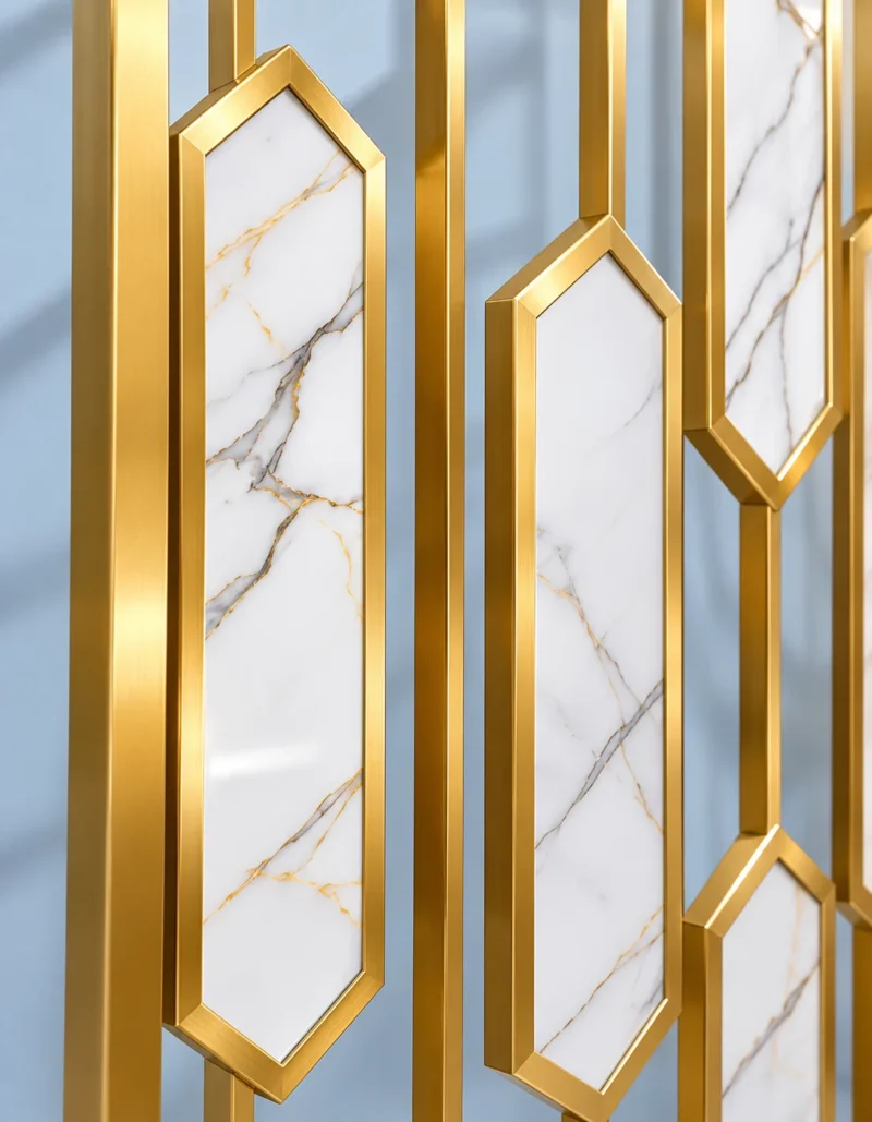 Close view of Hexara Gold PVD stainless steel frame and marble-look decorative inserts