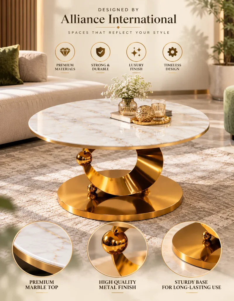 Lunara crescent base marble centre table with gold stainless steel pedestal