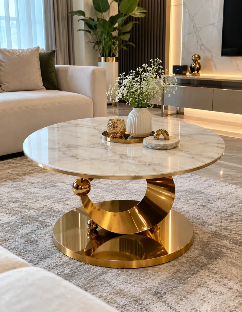 Round marble centre table with sculptural gold stainless steel base in living room