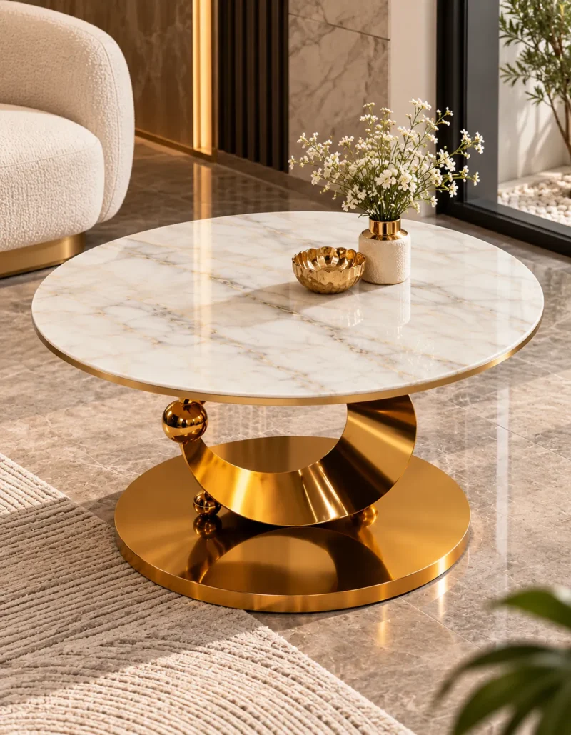 Lunara luxury marble coffee table with crescent gold base