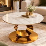 Alternate interior view of the Lunara luxury marble coffee table featuring its crescent-inspired gold base and round marble surface.
