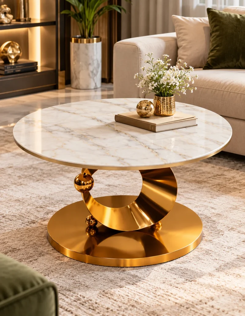 Alternate interior view of the Lunara luxury marble coffee table featuring its crescent-inspired gold base and round marble surface.