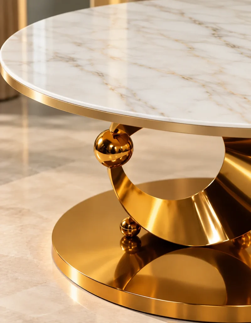 Close view of marble top and gold stainless steel crescent table base