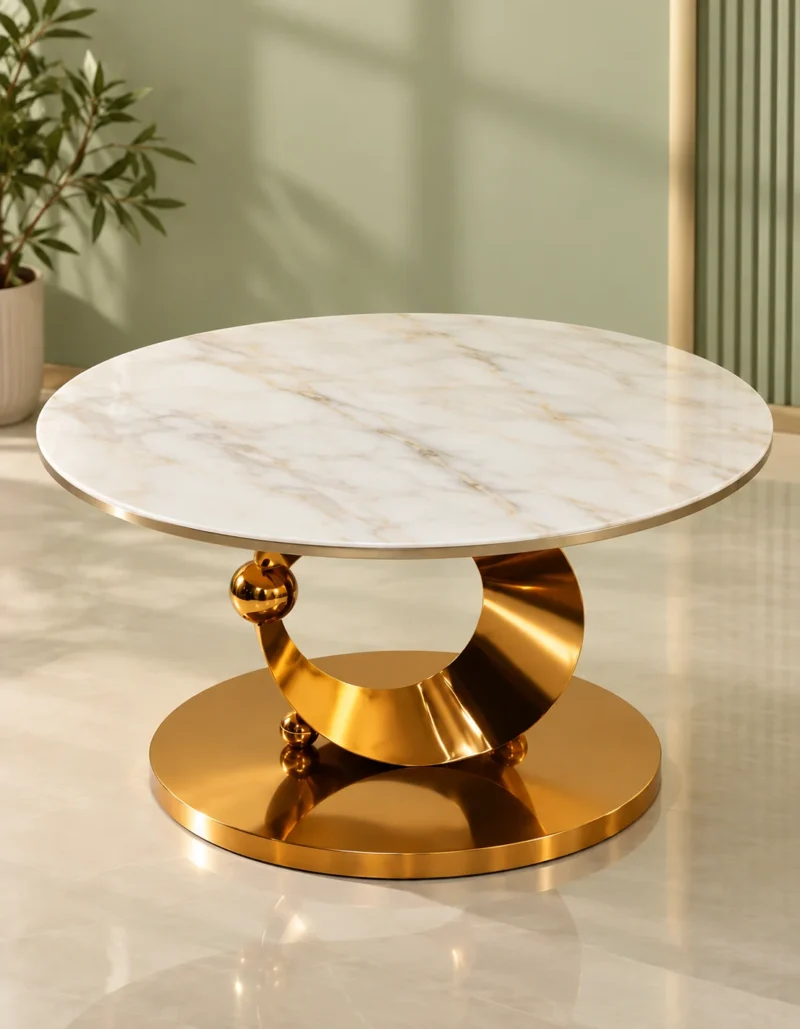 Lunara designer round marble centre table with gold crescent pedestal