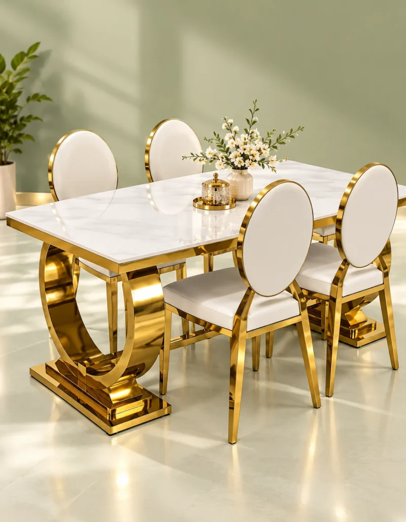 White marble dining table with gold U shaped base and chairs