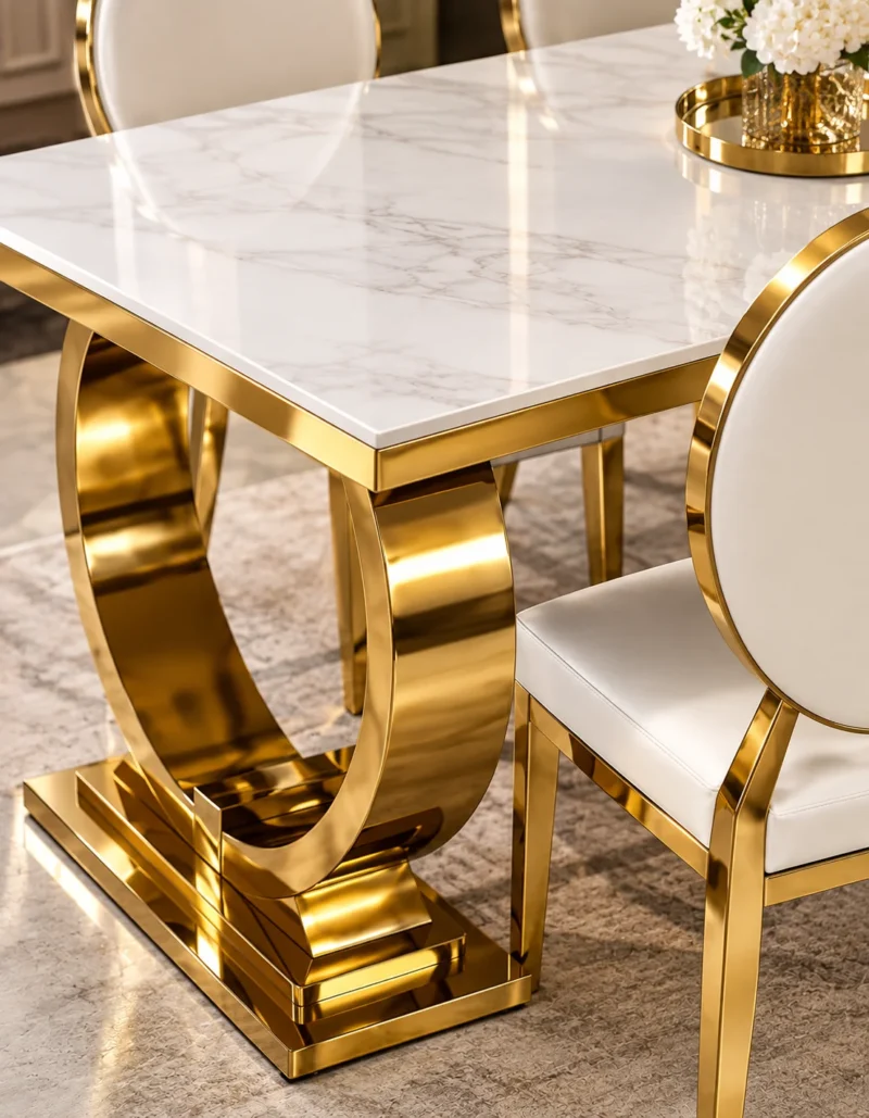 Close up of marble dining table with gold stainless steel base