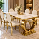 Luxury 6 seater marble dining table with double U gold base